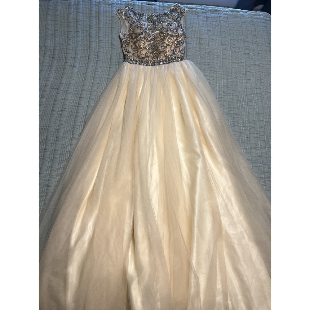 Champagne Ivory Rhinestone Embellished Tulle Long Prom Dress Princess Size 4